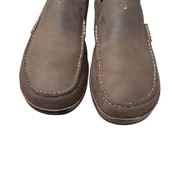 OluKai Moloa Slip On Loafers Mens 14 Dark Wood Brown Good Leather Drop In Heel